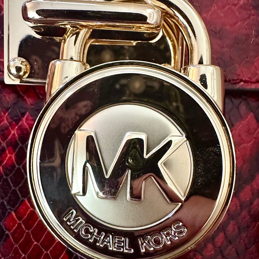 Michael Kors Hamilton Red Snake Print Embossed Handbag Iconic MK‎ Gold Hardware - Picture 5 of 16